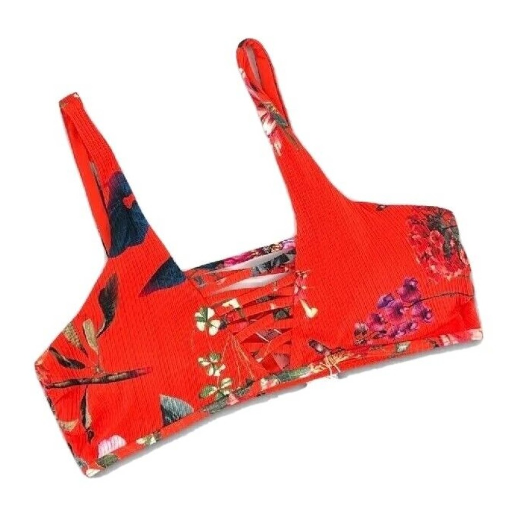 Tinibikini Ribbed Red Floral Bikini Top Lace-Up Front Bralette Pullover Size M